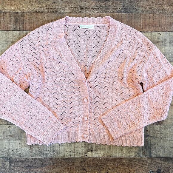 Anthropologie Pink Crochet Cardigan Sweater Button Front Medium - Picture 6 of 8